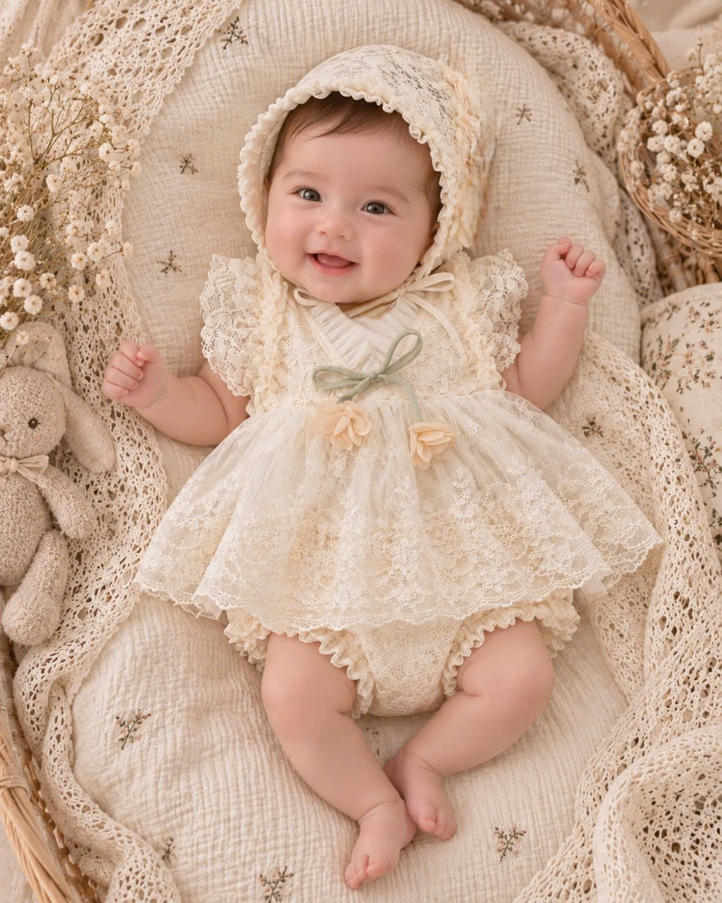 Baby Girl Lace Dress Set Newborn–18 Months | Vintage Baby Dress with Bonnet & Bloomers | Christening, Baptism & Newborn Photo Outfit