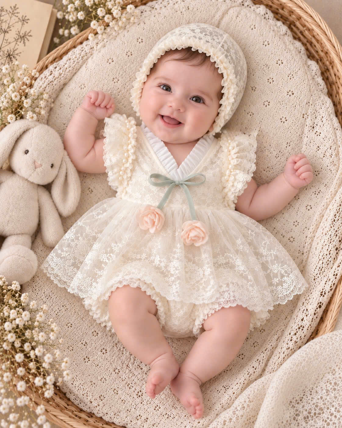 Baby Girl Lace Dress Set Newborn–18 Months | Vintage Baby Dress with Bonnet & Bloomers | Christening, Baptism & Newborn Photo Outfit