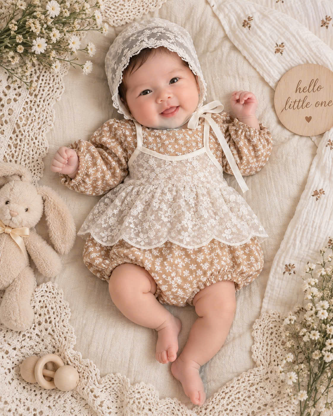 Vintage Floral Muslin Baby Romper Set Newborn–12 Months | Caramel Brown Cotton Muslin Romper with Ivory Lace Bonnet | Baby Girl Outfit