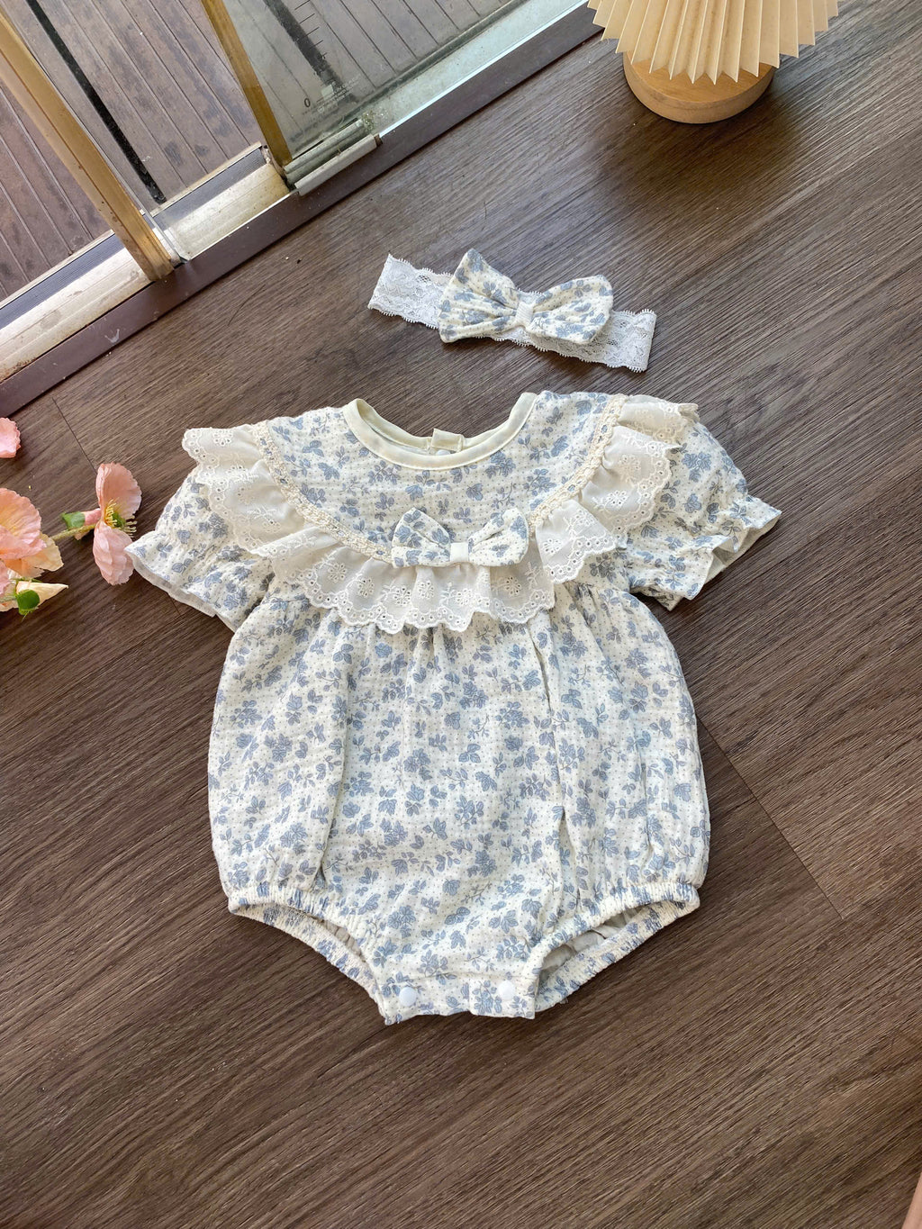 Blue Blossom Muslin Baby Romper Newborn–12 Months | Baby Girl Cotton Muslin Romper with Lace Ruffles & Matching Soft Headband | Floral Baby Outfit