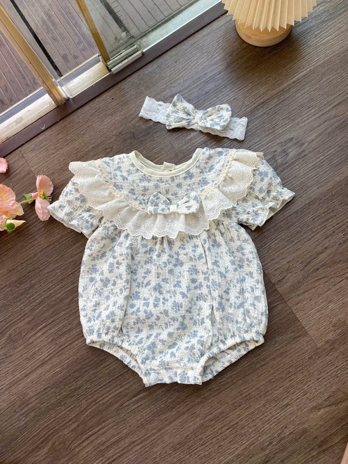 Blue Blossom Muslin Baby Romper Newborn–12 Months | Baby Girl Cotton Muslin Romper with Lace Ruffles & Matching Soft Headband | Floral Baby Outfit