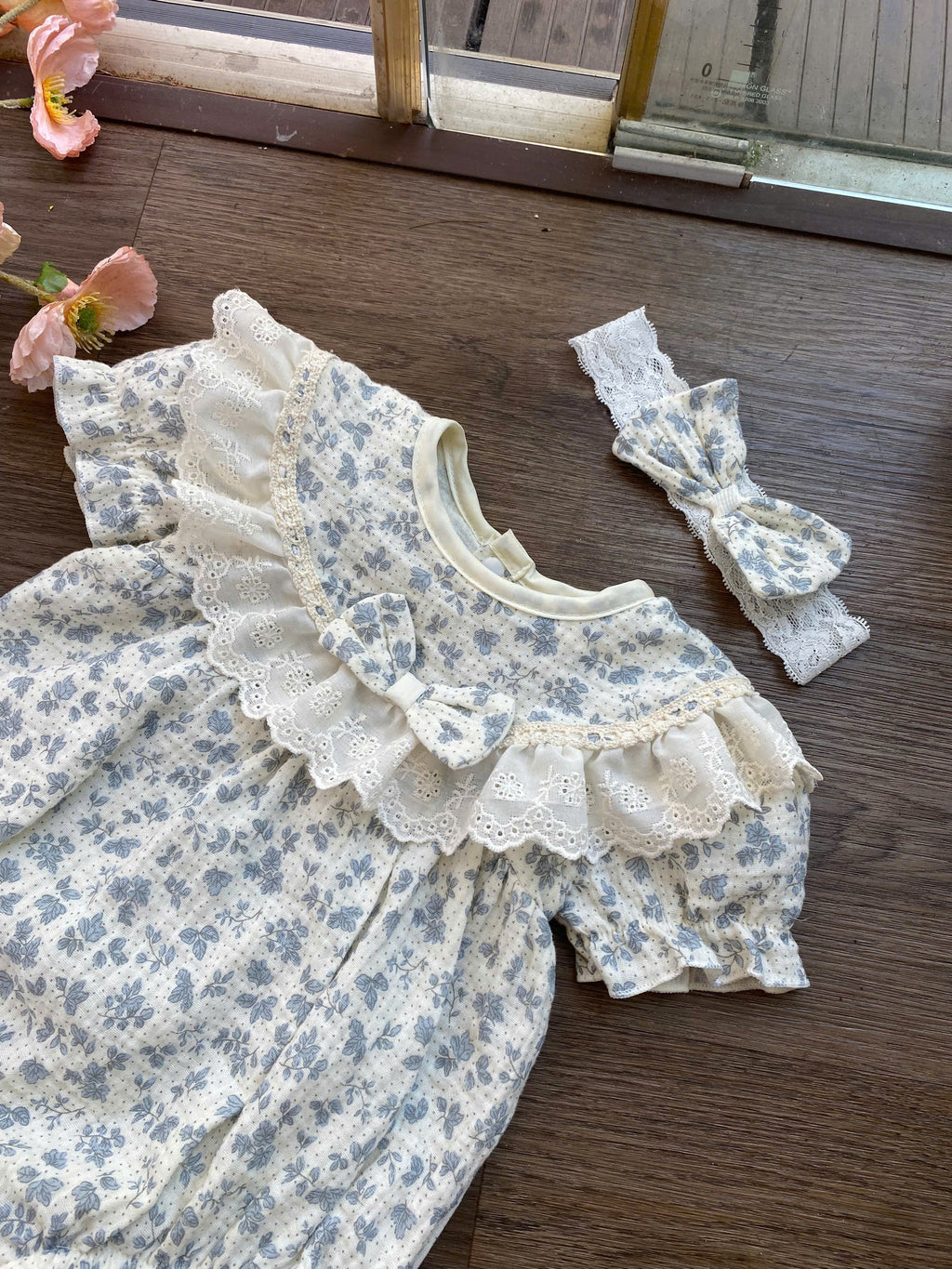 Blue Blossom Muslin Baby Romper Newborn–12 Months | Baby Girl Cotton Muslin Romper with Lace Ruffles & Matching Soft Headband | Floral Baby Outfit