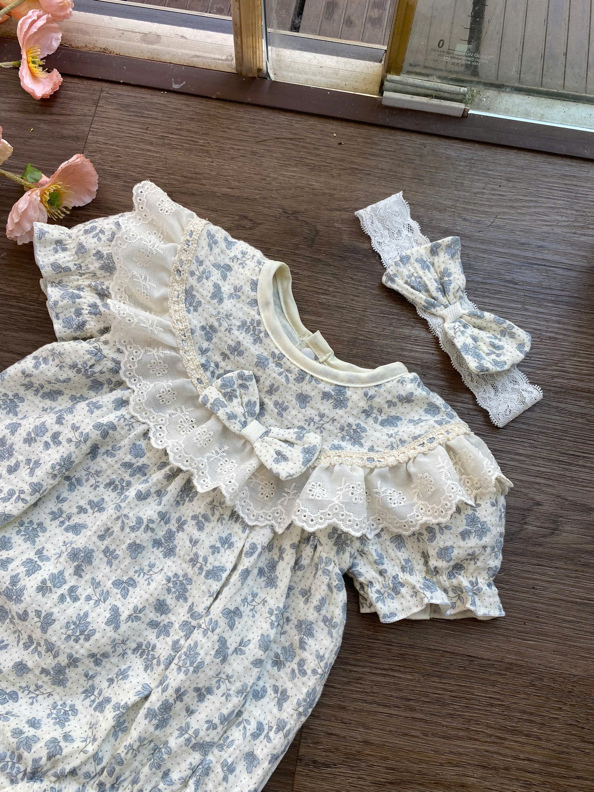 Blue Blossom Muslin Baby Romper Newborn–12 Months | Baby Girl Cotton Muslin Romper with Lace Ruffles & Matching Soft Headband | Floral Baby Outfit