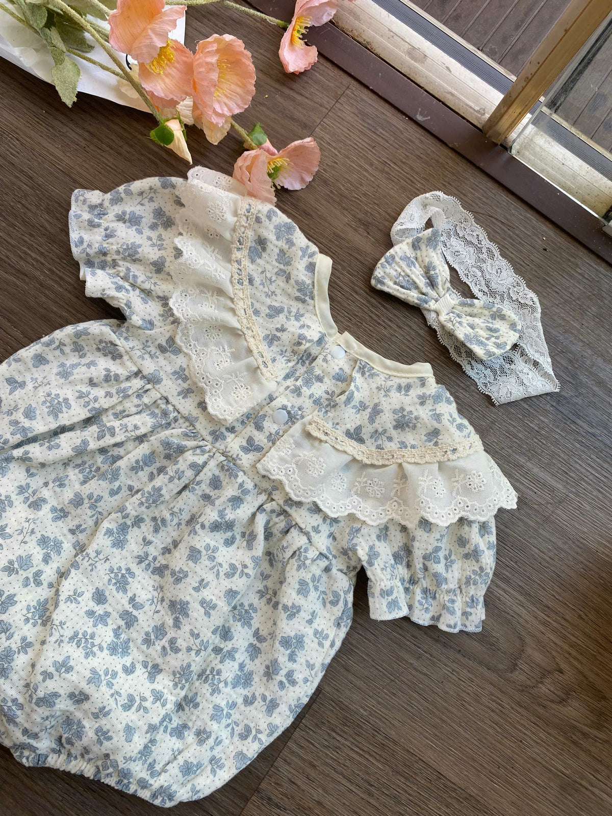 Blue Blossom Muslin Baby Romper Newborn–12 Months | Baby Girl Cotton Muslin Romper with Lace Ruffles & Matching Soft Headband | Floral Baby Outfit