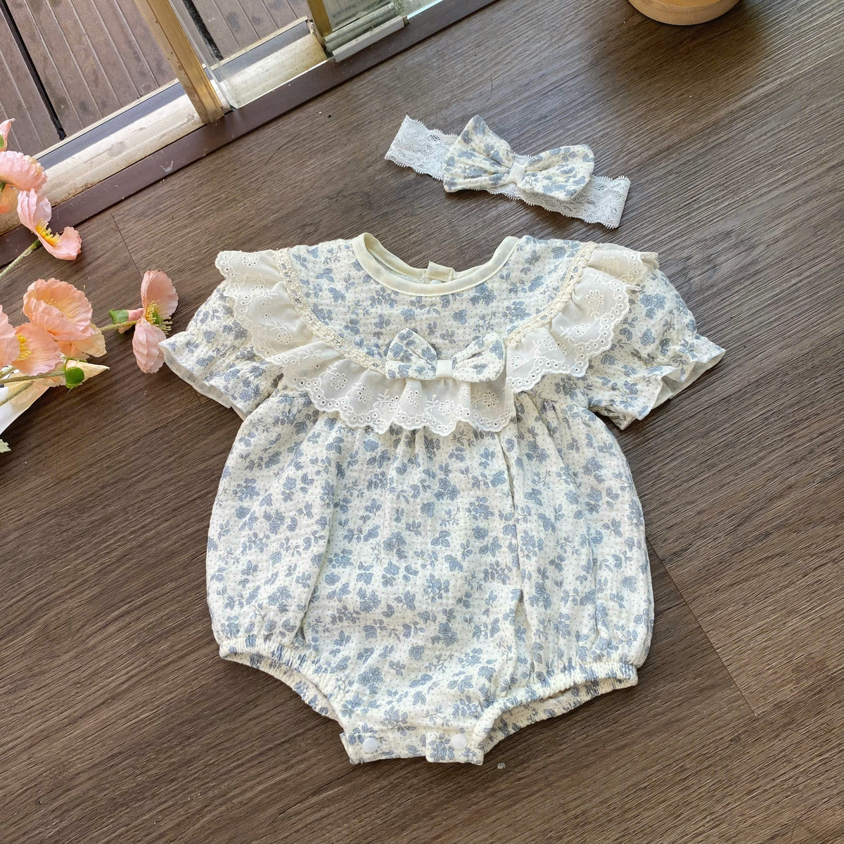 Blue Blossom Muslin Baby Romper Newborn–12 Months | Baby Girl Cotton Muslin Romper with Lace Ruffles & Matching Soft Headband | Floral Baby Outfit