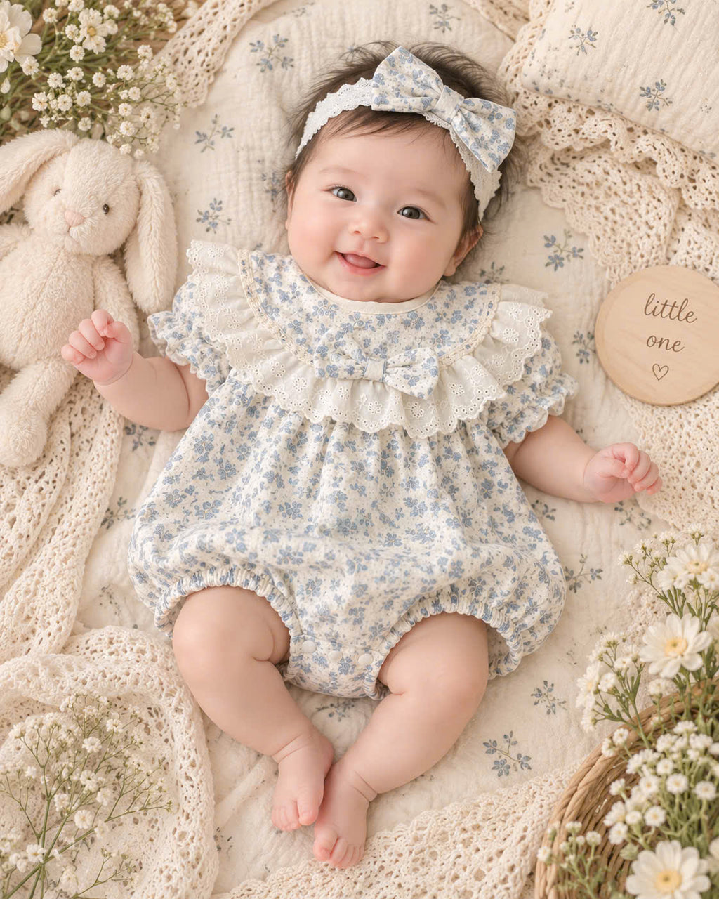 Blue Blossom Muslin Baby Romper Newborn–12 Months | Baby Girl Cotton Muslin Romper with Lace Ruffles & Matching Soft Headband | Floral Baby Outfit