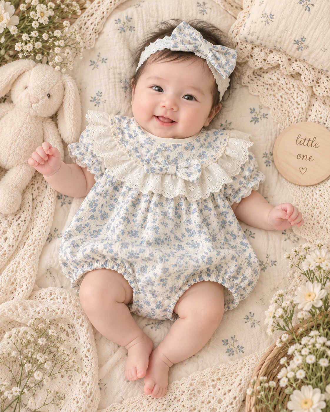 Blue Blossom Muslin Baby Romper Newborn–12 Months | Baby Girl Cotton Muslin Romper with Lace Ruffles & Matching Soft Headband | Floral Baby Outfit