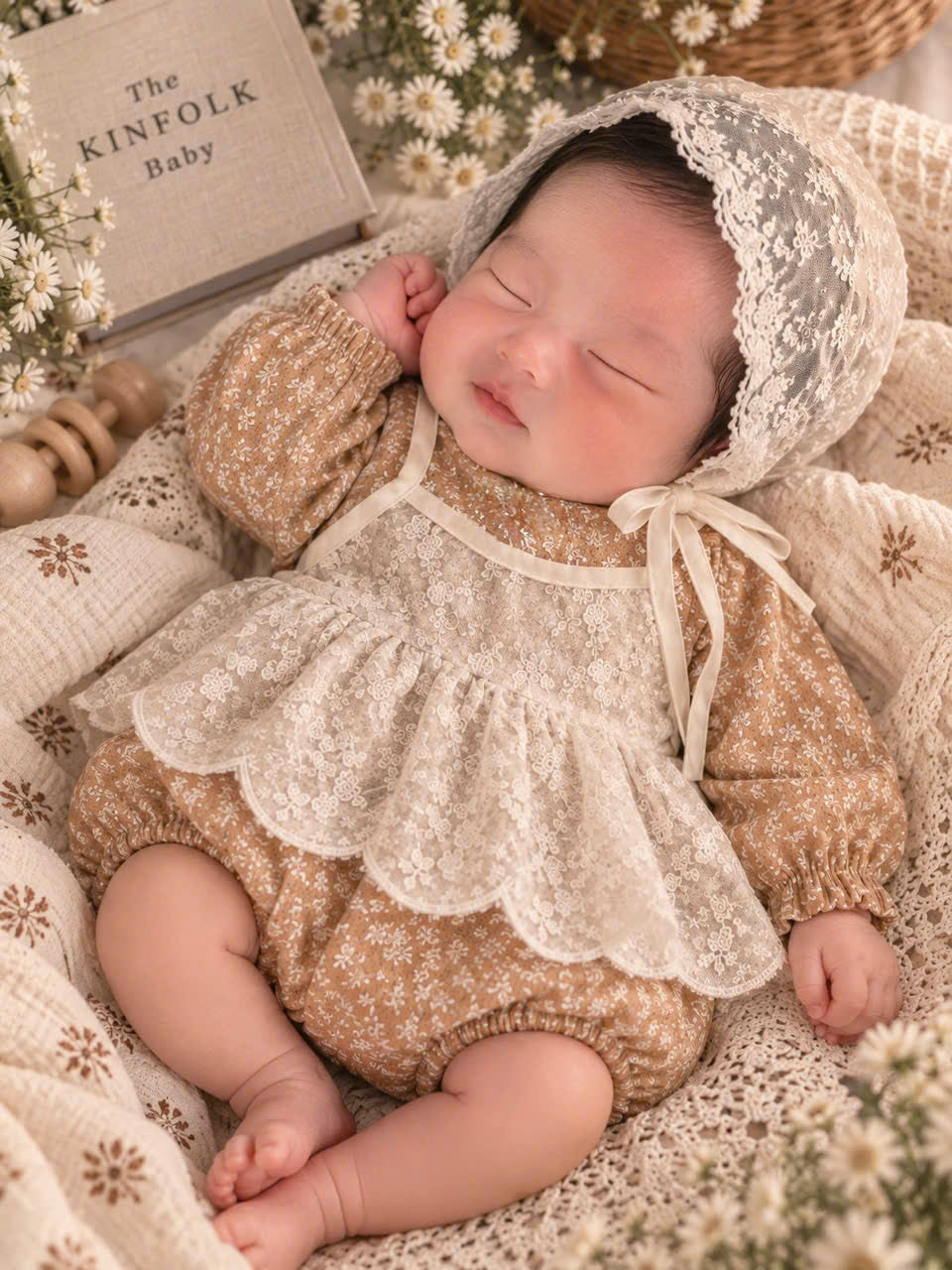 Vintage Floral Muslin Baby Romper Set Newborn–12 Months | Caramel Brown Cotton Muslin Romper with Ivory Lace Bonnet | Baby Girl Outfit