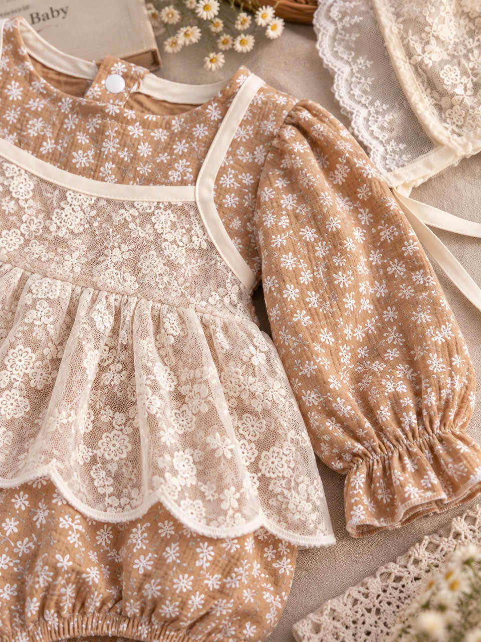 Vintage Floral Muslin Baby Romper Set Newborn–12 Months | Caramel Brown Cotton Muslin Romper with Ivory Lace Bonnet | Baby Girl Outfit