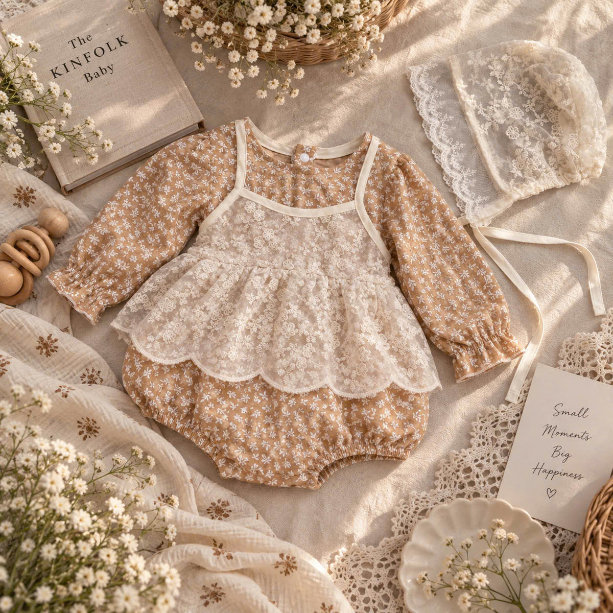 Vintage Floral Muslin Baby Romper Set Newborn–12 Months | Caramel Brown Cotton Muslin Romper with Ivory Lace Bonnet | Baby Girl Outfit