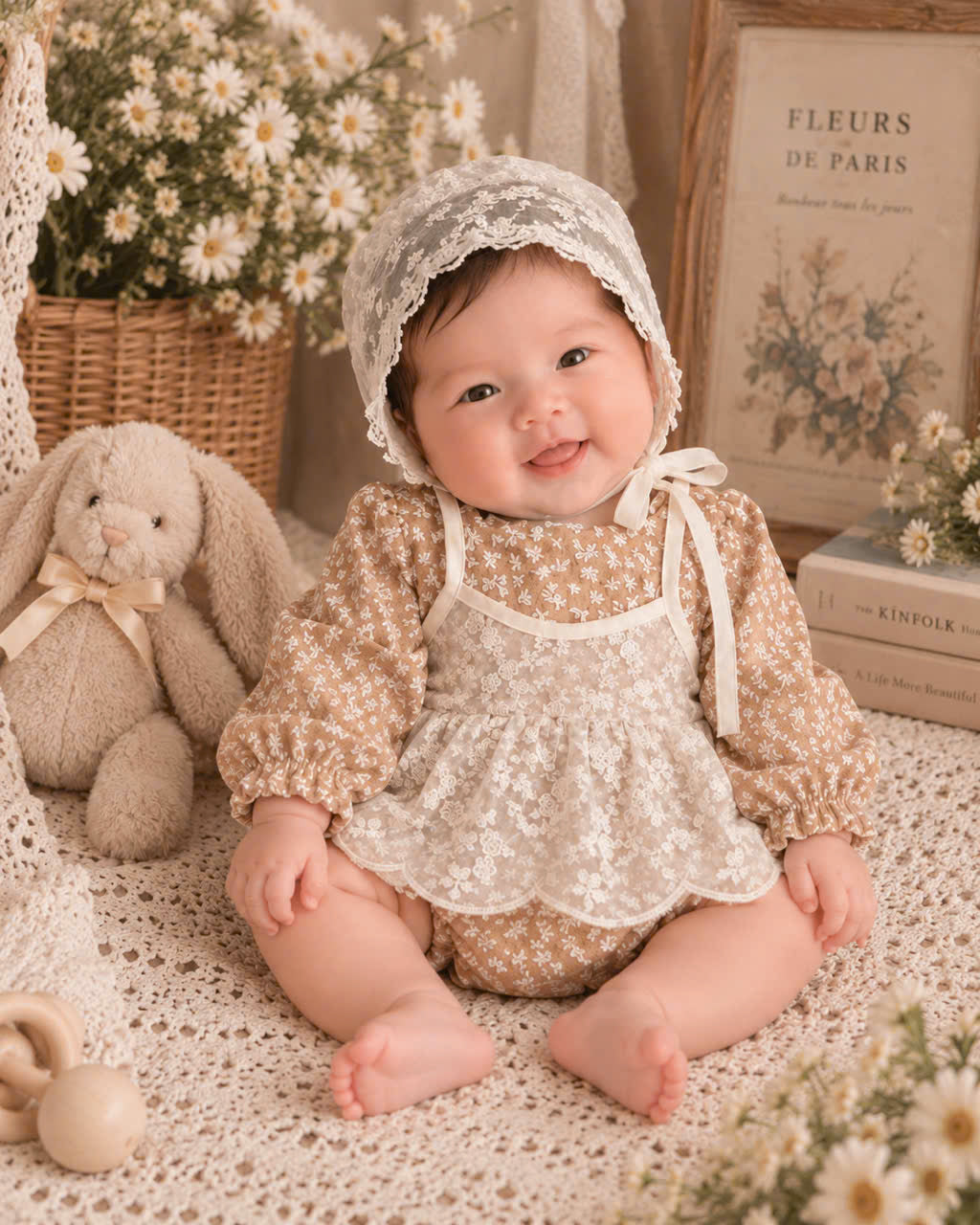 Vintage Floral Muslin Baby Romper Set Newborn–12 Months | Caramel Brown Cotton Muslin Romper with Ivory Lace Bonnet | Baby Girl Outfit