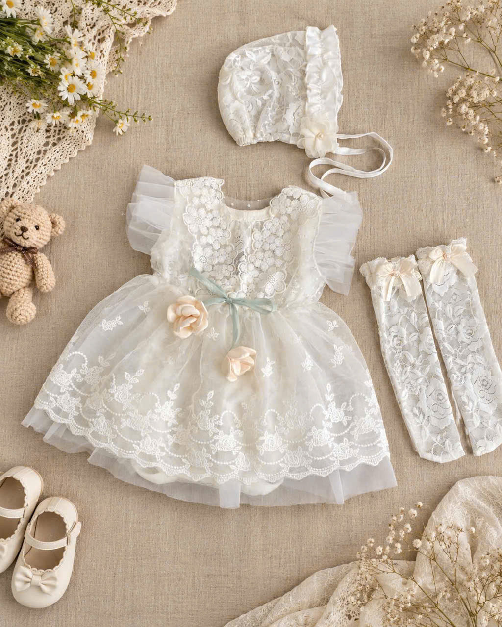 Newborn Girl Lace Outfit 4-Piece Set (Newborn-18months) | White Baby Christening Dress, Lace Romper, Bonnet & Socks | Baptism & Baby Shower Gift