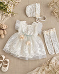 Newborn Girl Lace Outfit 4-Piece Set (Newborn-18months) | White Baby Christening Dress, Lace Romper, Bonnet & Socks | Baptism & Baby Shower Gift