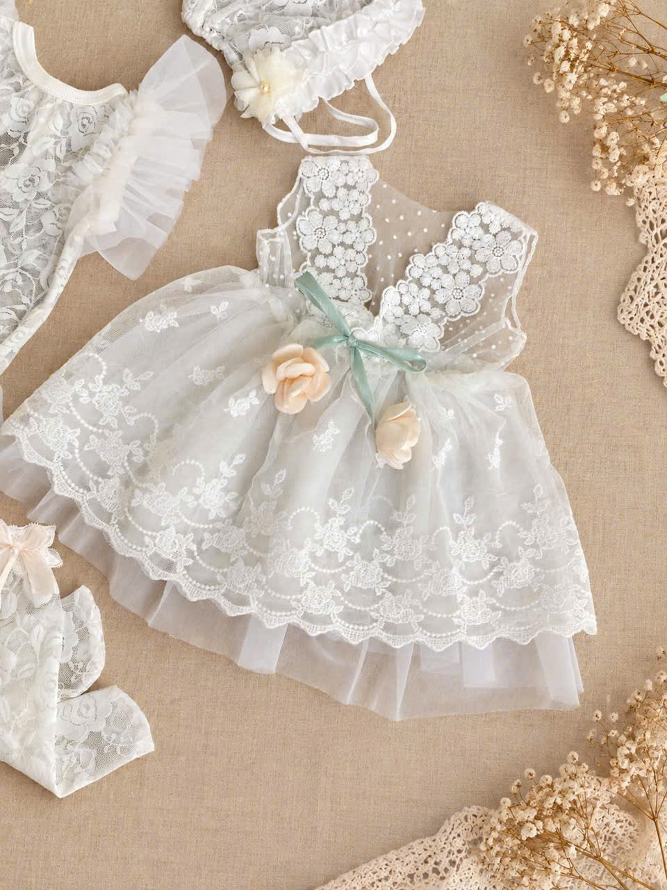 Newborn Girl Lace Outfit 4-Piece Set (Newborn-18months) | White Baby Christening Dress, Lace Romper, Bonnet & Socks | Baptism & Baby Shower Gift