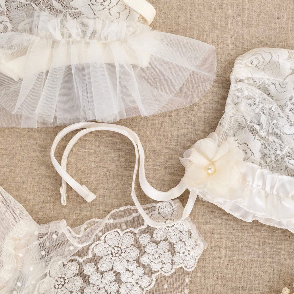 Newborn Girl Lace Outfit 4-Piece Set (Newborn-18months) | White Baby Christening Dress, Lace Romper, Bonnet & Socks | Baptism & Baby Shower Gift