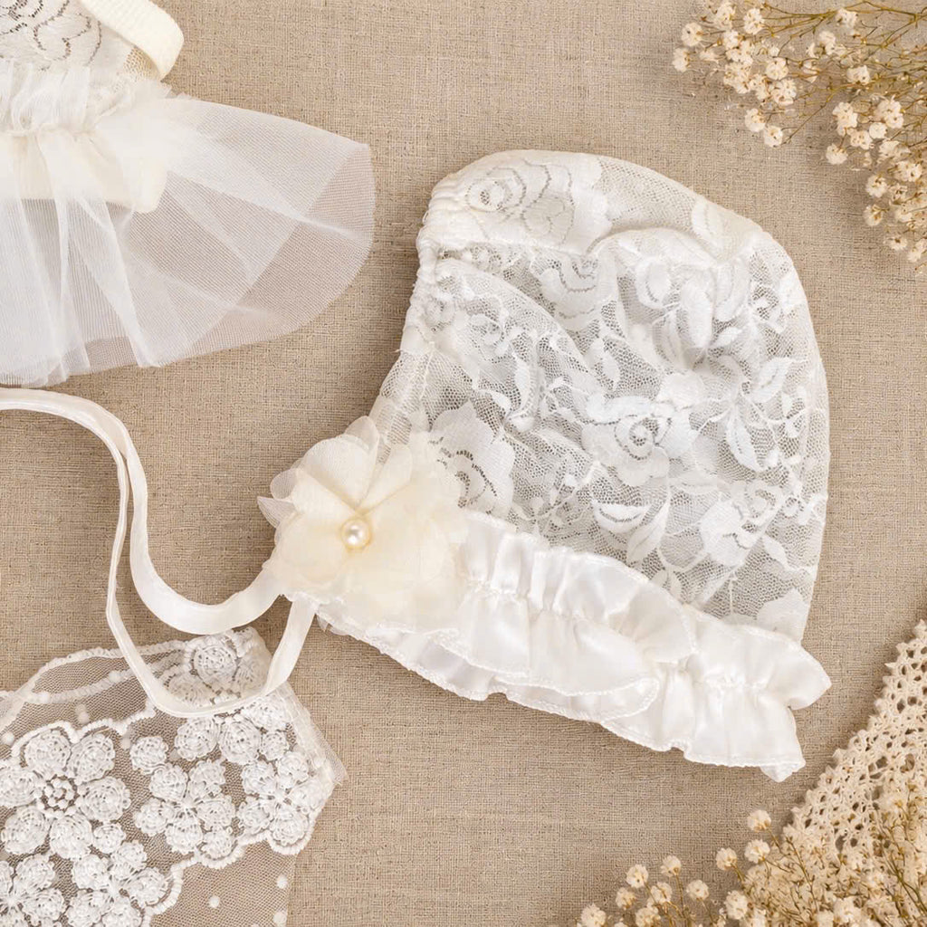 Newborn Girl Lace Outfit 4-Piece Set (Newborn-18months) | White Baby Christening Dress, Lace Romper, Bonnet & Socks | Baptism & Baby Shower Gift