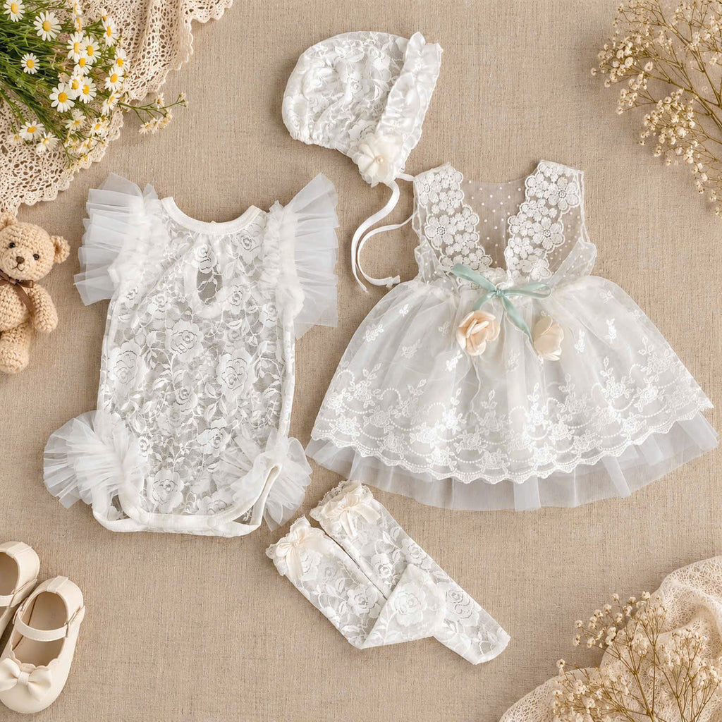 Newborn Girl Lace Outfit 4-Piece Set (Newborn-18months) | White Baby Christening Dress, Lace Romper, Bonnet & Socks | Baptism & Baby Shower Gift