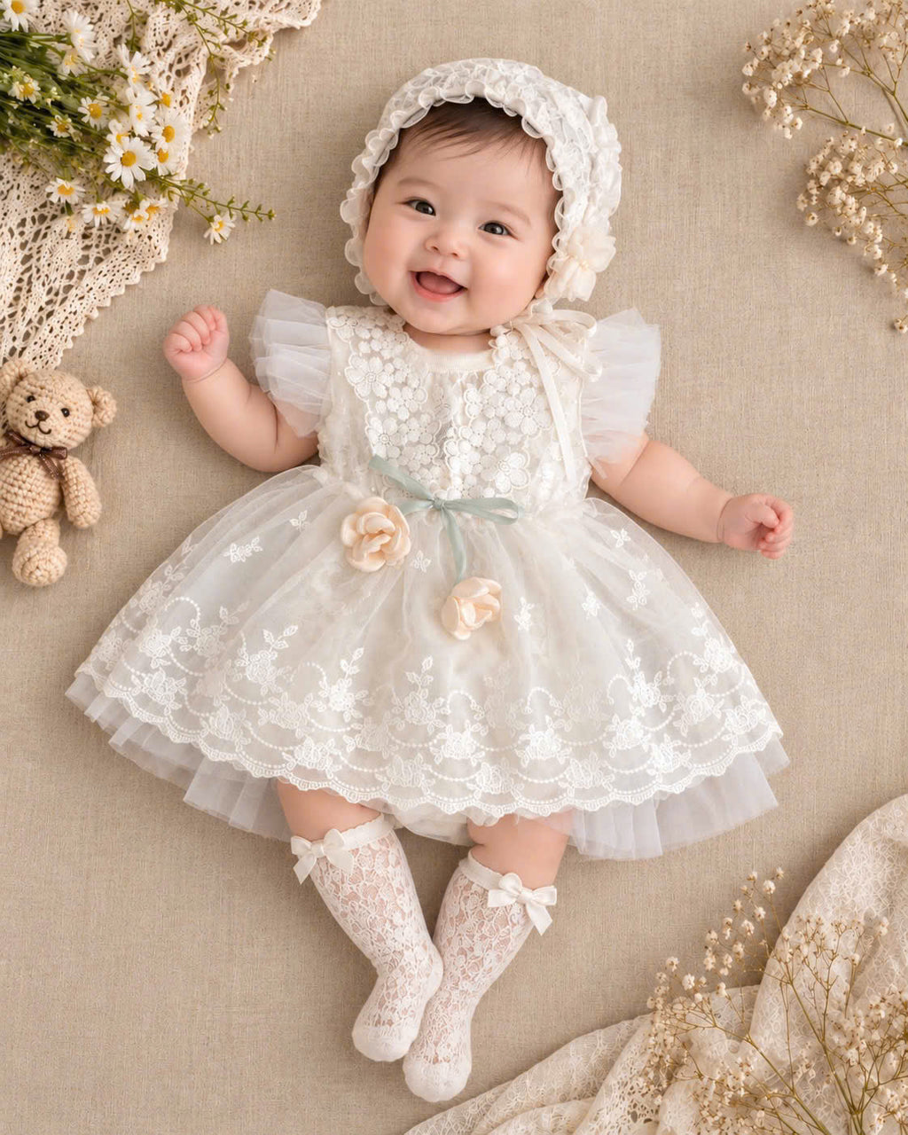 Newborn Girl Lace Outfit 4-Piece Set (Newborn-18months) | White Baby Christening Dress, Lace Romper, Bonnet & Socks | Baptism & Baby Shower Gift