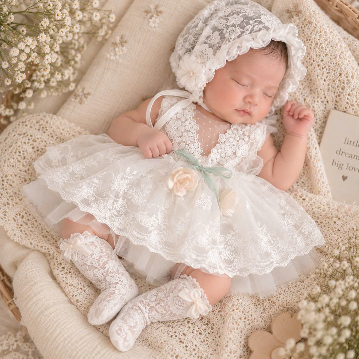 Newborn Girl Lace Outfit 4-Piece Set (Newborn-18months) | White Baby Christening Dress, Lace Romper, Bonnet & Socks | Baptism & Baby Shower Gift