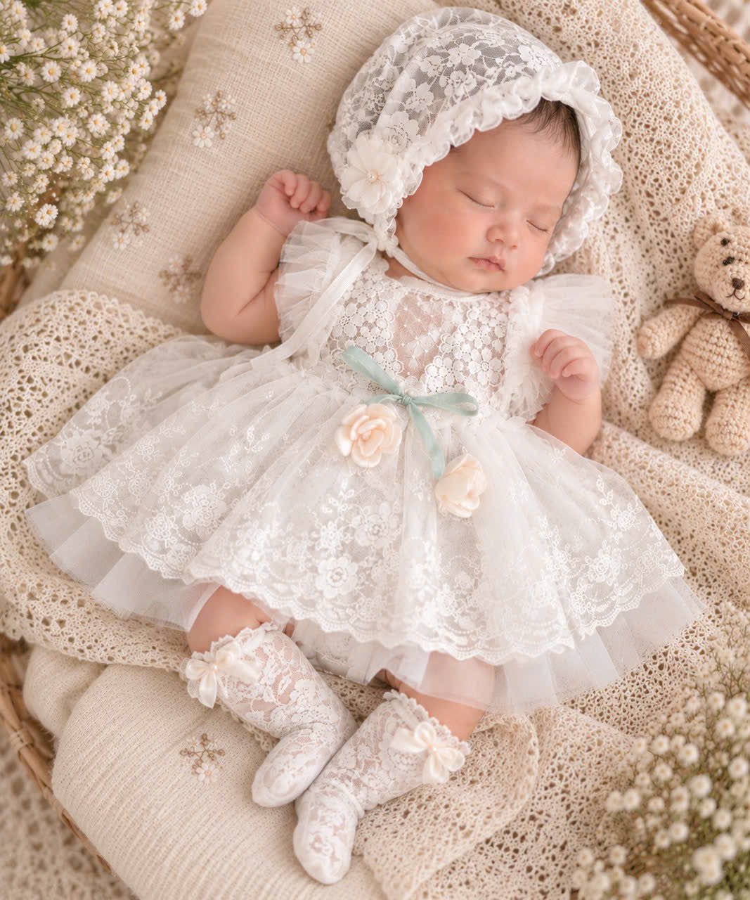 Newborn Girl Lace Outfit 4-Piece Set (Newborn-18months) | White Baby Christening Dress, Lace Romper, Bonnet & Socks | Baptism & Baby Shower Gift
