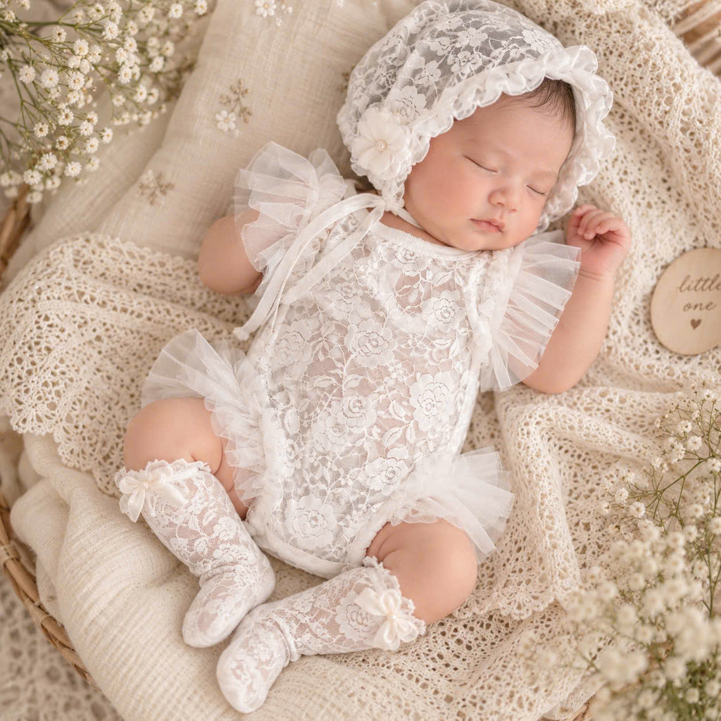 Newborn Girl Lace Outfit 4-Piece Set (Newborn-18months) | White Baby Christening Dress, Lace Romper, Bonnet & Socks | Baptism & Baby Shower Gift