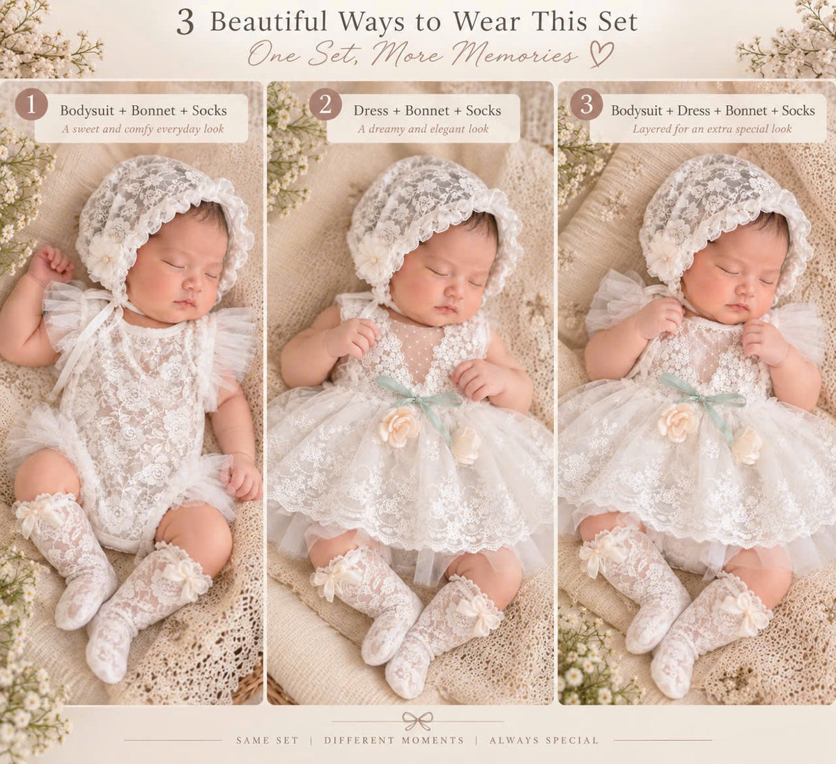 Newborn Girl Lace Outfit 4-Piece Set (Newborn-18months) | White Baby Christening Dress, Lace Romper, Bonnet & Socks | Baptism & Baby Shower Gift