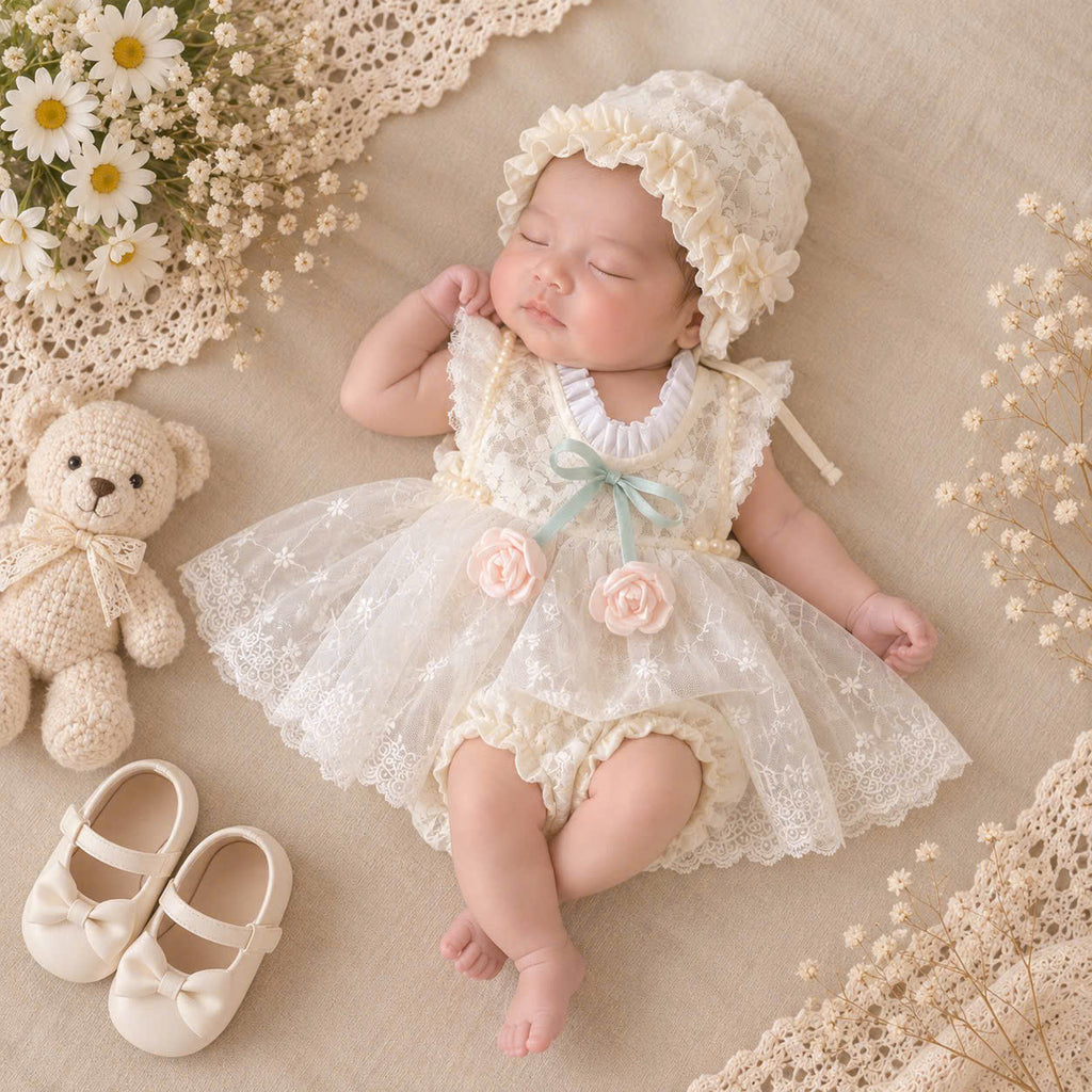 Baby Girl Lace Dress Set Newborn–18 Months | Vintage Baby Dress with Bonnet & Bloomers | Christening, Baptism & Newborn Photo Outfit
