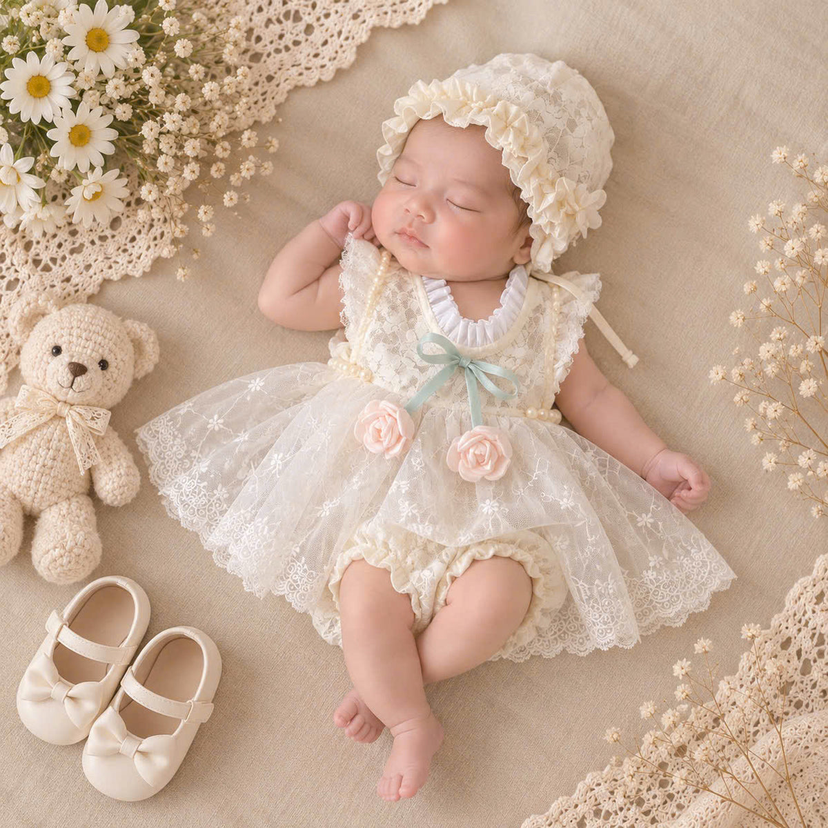Baby Girl Lace Dress Set Newborn–18 Months | Vintage Baby Dress with Bonnet & Bloomers | Christening, Baptism & Newborn Photo Outfit