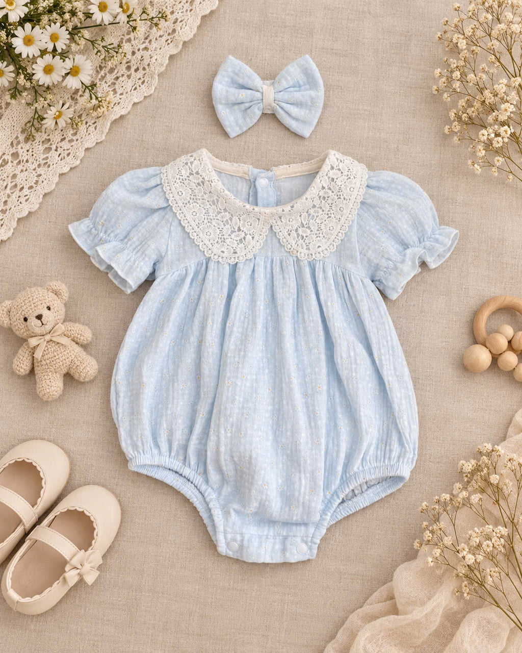 Blue Daisy Muslin Baby Romper Newborn–12 Months | Baby Girl Cotton Muslin Romper with Lace Collar & Matching Headband | Floral Baby Outfit