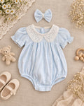 Blue Daisy Muslin Baby Romper Newborn–12 Months | Baby Girl Cotton Muslin Romper with Lace Collar & Matching Headband | Floral Baby Outfit