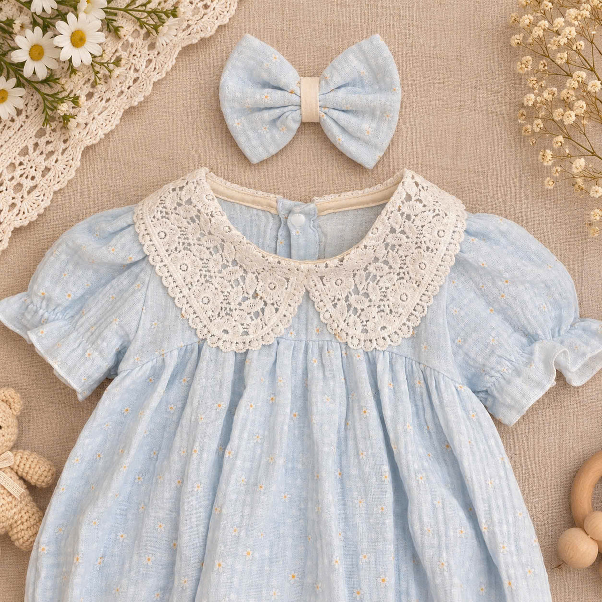 Blue Daisy Muslin Baby Romper Newborn–12 Months | Baby Girl Cotton Muslin Romper with Lace Collar & Matching Headband | Floral Baby Outfit