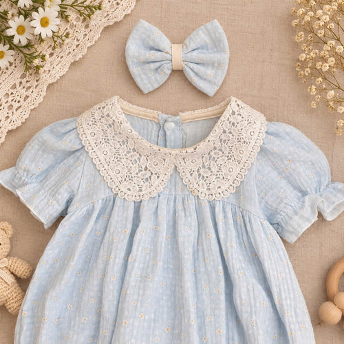 Blue Daisy Muslin Baby Romper Newborn–12 Months | Baby Girl Cotton Muslin Romper with Lace Collar & Matching Headband | Floral Baby Outfit