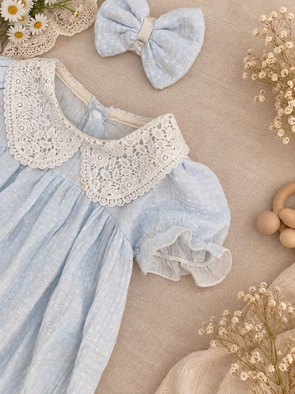 Blue Daisy Muslin Baby Romper Newborn–12 Months | Baby Girl Cotton Muslin Romper with Lace Collar & Matching Headband | Floral Baby Outfit