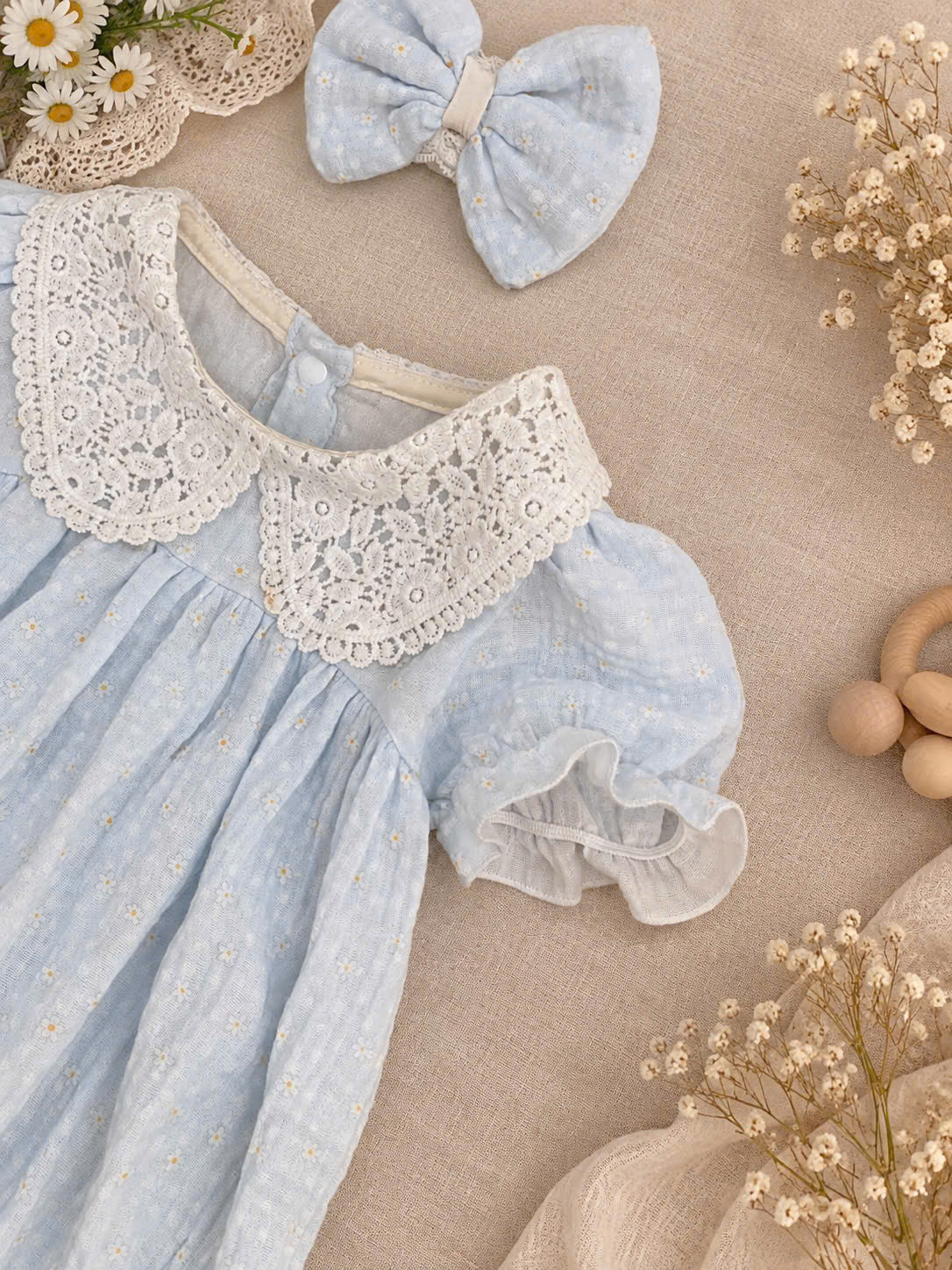 Blue Daisy Muslin Baby Romper Newborn–12 Months | Baby Girl Cotton Muslin Romper with Lace Collar & Matching Headband | Floral Baby Outfit