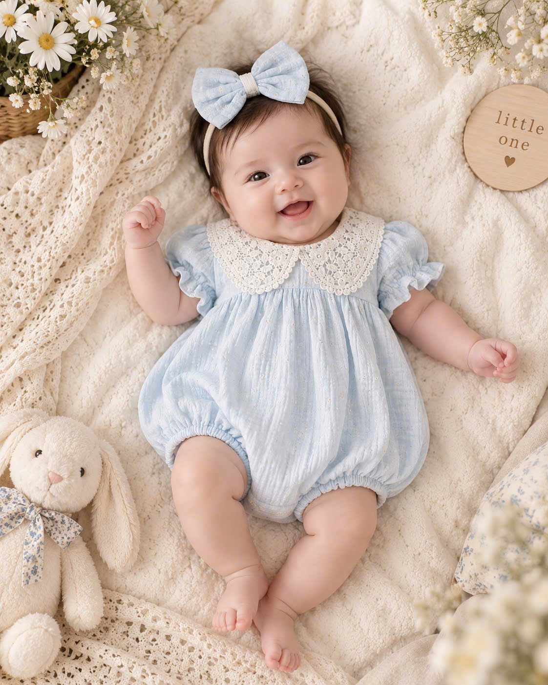 Blue Daisy Muslin Baby Romper Newborn–12 Months | Baby Girl Cotton Muslin Romper with Lace Collar & Matching Headband | Floral Baby Outfit
