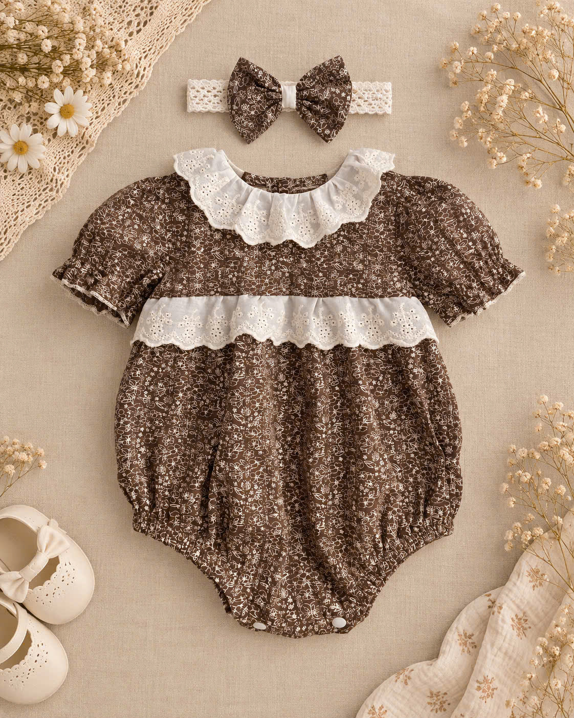 Cocoa Blossom Cotton Baby Romper Newborn–12 Months | Baby Girl Brown Floral Romper with Eyelet Lace & Matching Headband | Vintage Baby Outfit
