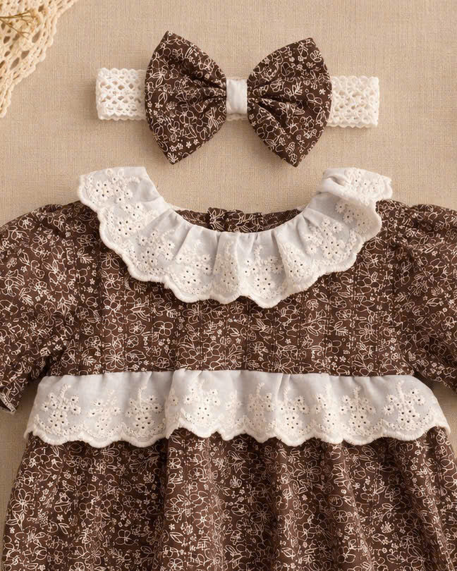 Cocoa Blossom Cotton Baby Romper Newborn–12 Months | Baby Girl Brown Floral Romper with Eyelet Lace & Matching Headband | Vintage Baby Outfit