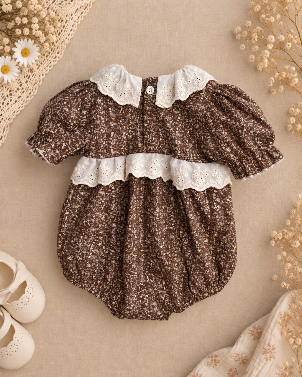 Cocoa Blossom Cotton Baby Romper Newborn–12 Months | Baby Girl Brown Floral Romper with Eyelet Lace & Matching Headband | Vintage Baby Outfit