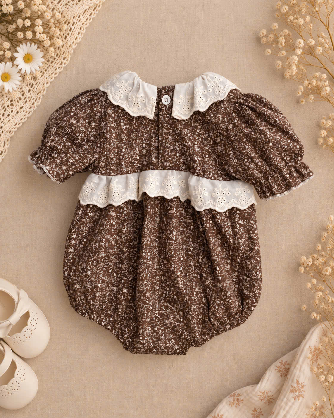 Cocoa Blossom Cotton Baby Romper Newborn–12 Months | Baby Girl Brown Floral Romper with Eyelet Lace & Matching Headband | Vintage Baby Outfit