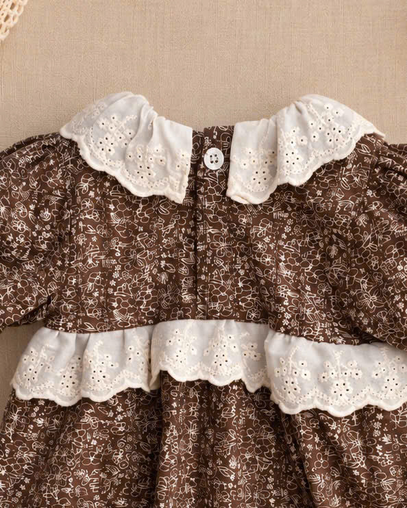 Cocoa Blossom Cotton Baby Romper Newborn–12 Months | Baby Girl Brown Floral Romper with Eyelet Lace & Matching Headband | Vintage Baby Outfit