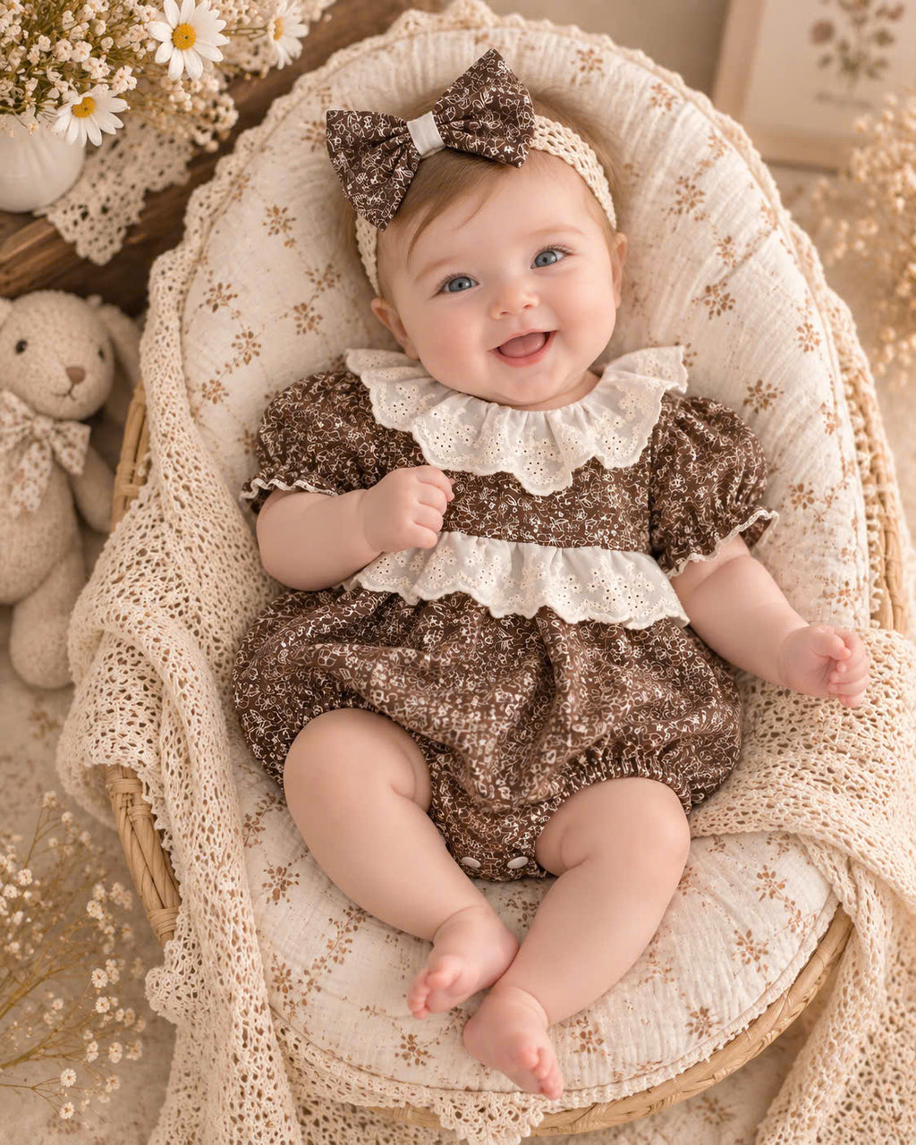 Cocoa Blossom Cotton Baby Romper Newborn–12 Months | Baby Girl Brown Floral Romper with Eyelet Lace & Matching Headband | Vintage Baby Outfit