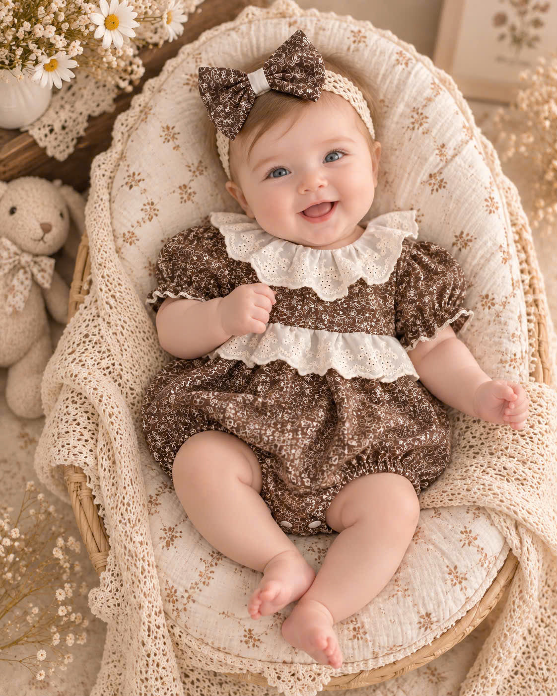 Cocoa Blossom Cotton Baby Romper Newborn–12 Months | Baby Girl Brown Floral Romper with Eyelet Lace & Matching Headband | Vintage Baby Outfit