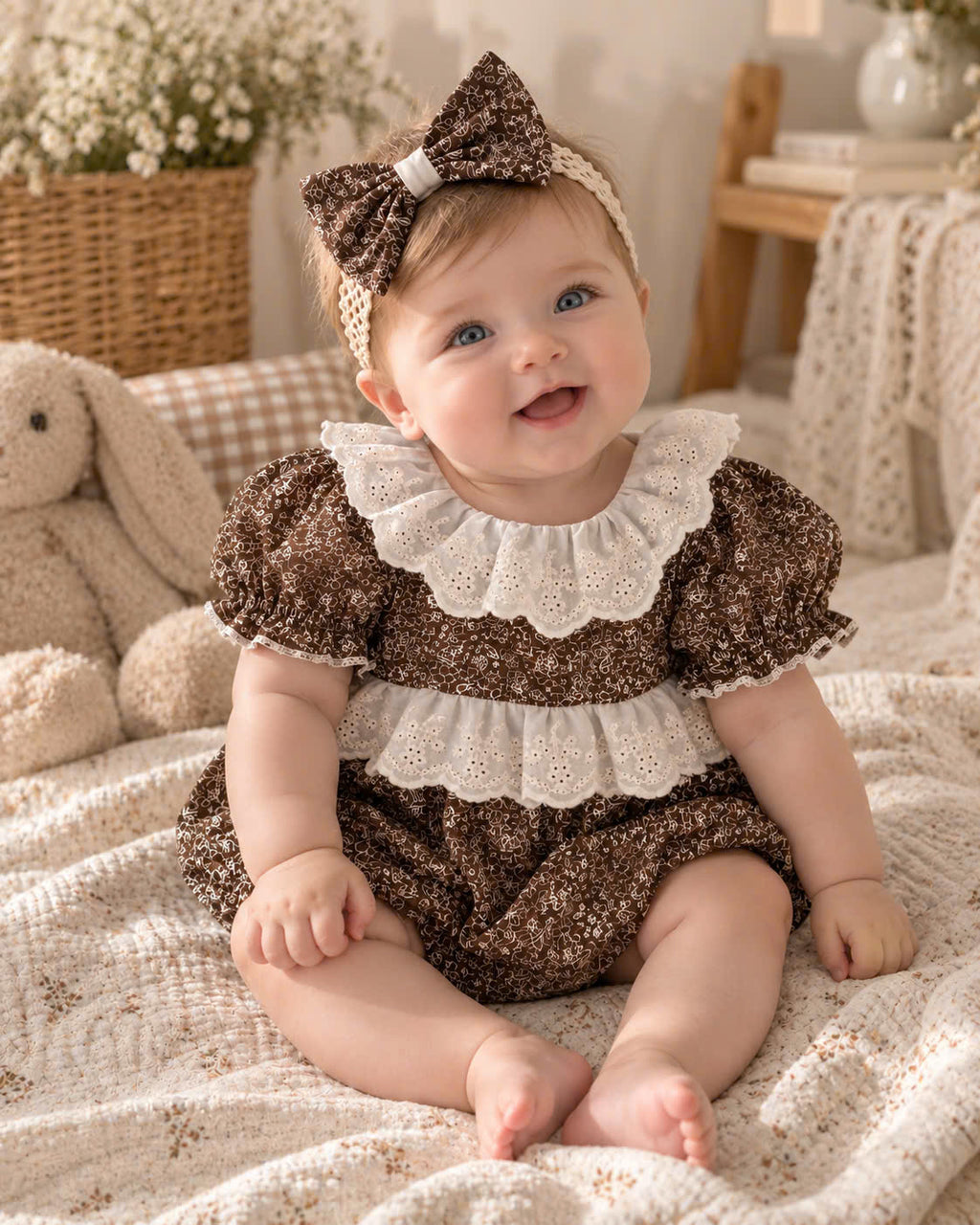 Cocoa Blossom Cotton Baby Romper Newborn–12 Months | Baby Girl Brown Floral Romper with Eyelet Lace & Matching Headband | Vintage Baby Outfit