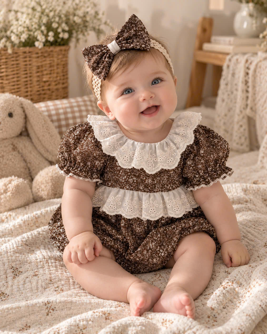 Cocoa Blossom Cotton Baby Romper Newborn–12 Months | Baby Girl Brown Floral Romper with Eyelet Lace & Matching Headband | Vintage Baby Outfit