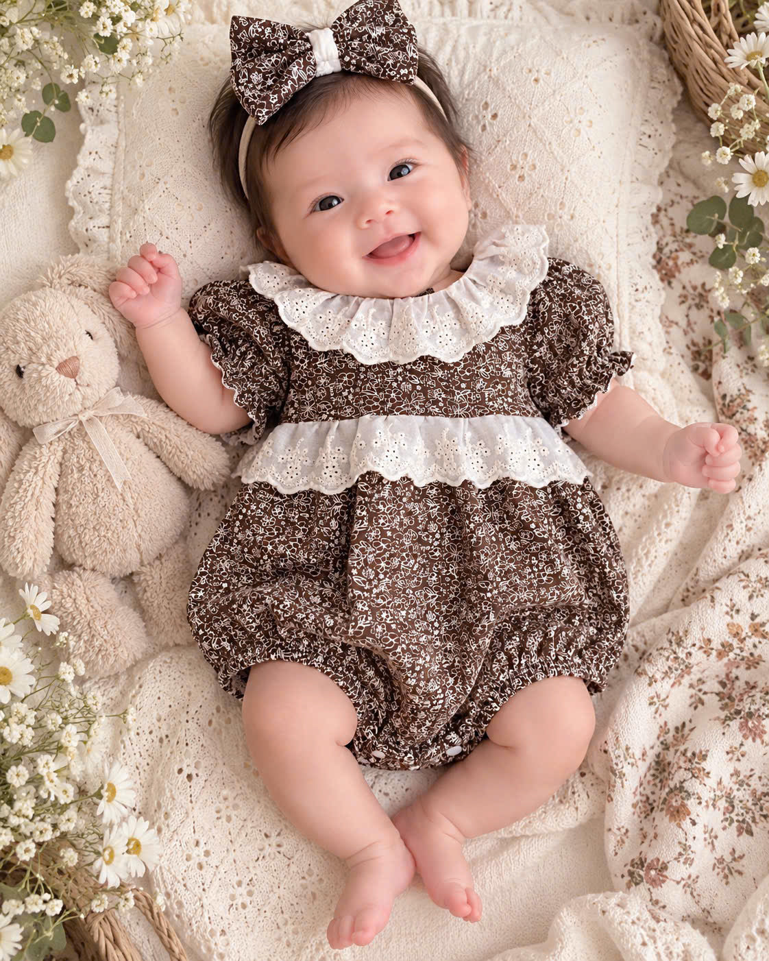 Cocoa Blossom Cotton Baby Romper Newborn–12 Months | Baby Girl Brown Floral Romper with Eyelet Lace & Matching Headband | Vintage Baby Outfit