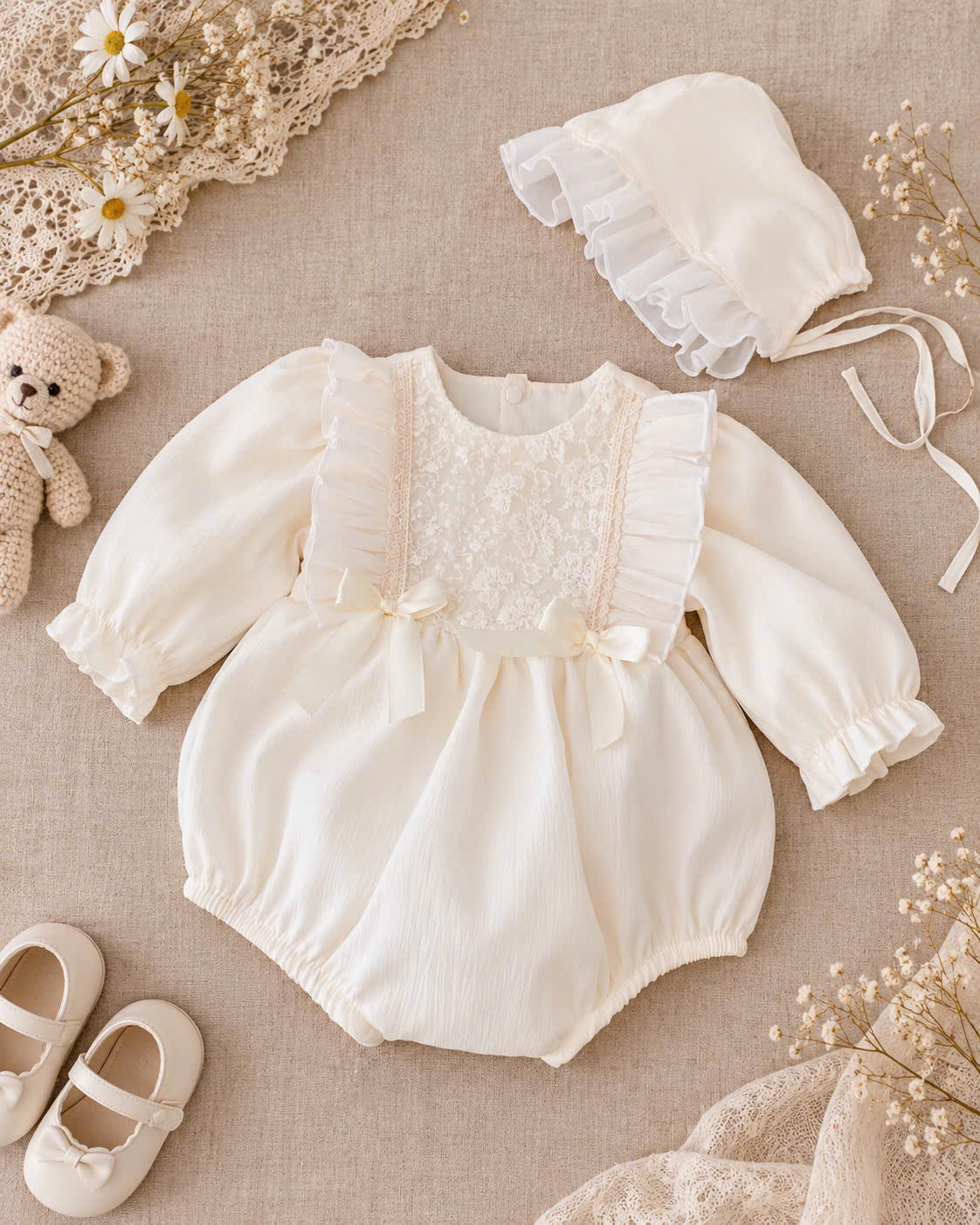 Cream Silk Baby Romper & Ruffle Bonnet Set Newborn–6 Months | Baby Girl Lace Romper | Christening & Special Occasion Outfit