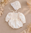 Cream Silk Baby Romper & Ruffle Bonnet Set Newborn–6 Months | Baby Girl Lace Romper | Christening & Special Occasion Outfit