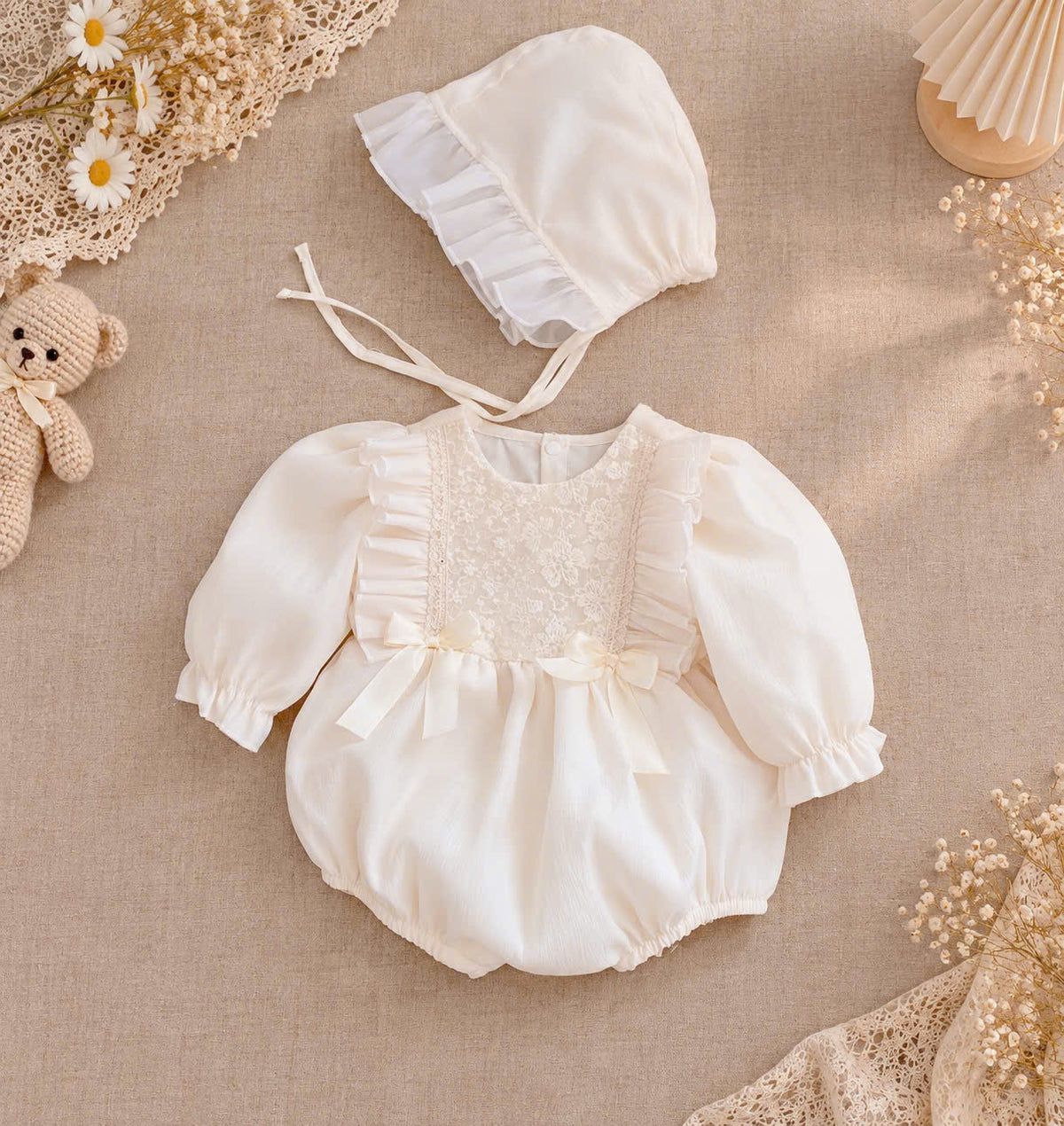 Cream Silk Baby Romper & Ruffle Bonnet Set Newborn–6 Months | Baby Girl Lace Romper | Christening & Special Occasion Outfit