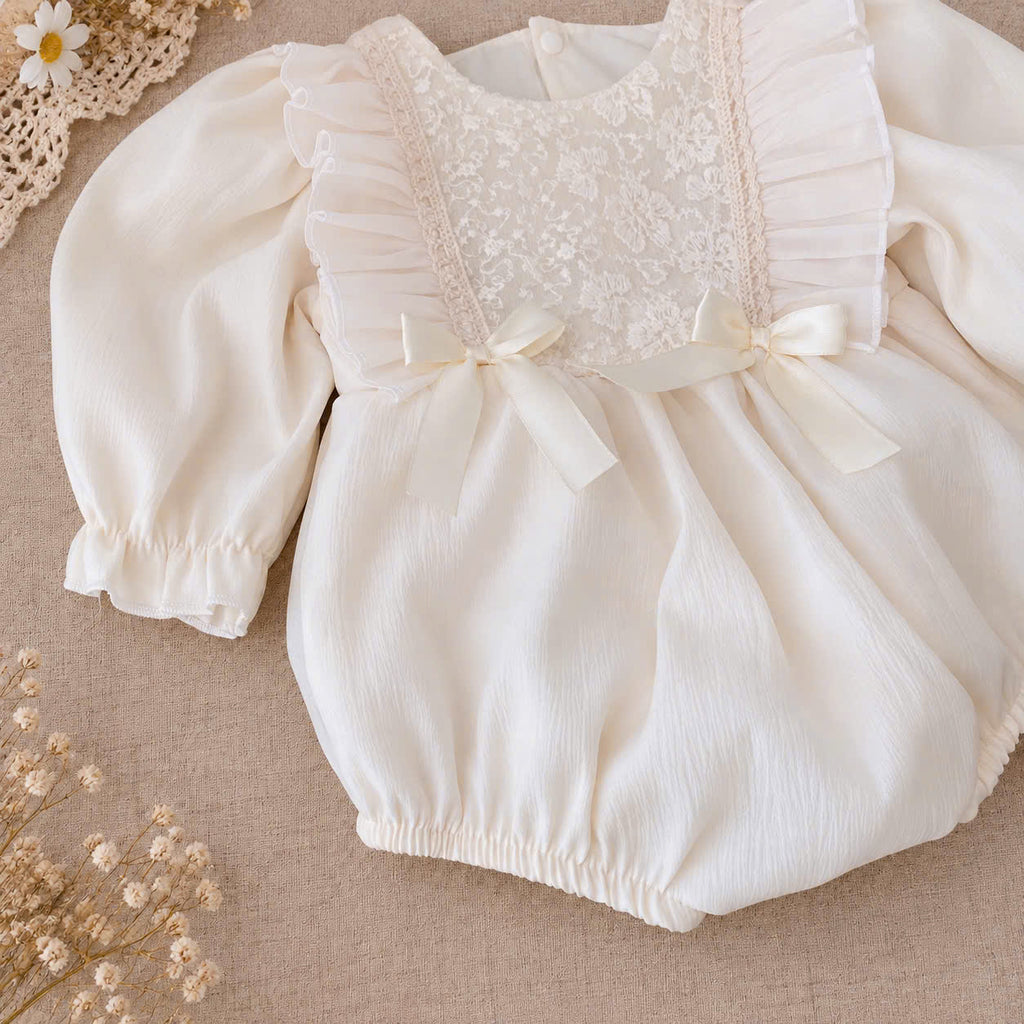 Cream Silk Baby Romper & Ruffle Bonnet Set Newborn–6 Months | Baby Girl Lace Romper | Christening & Special Occasion Outfit