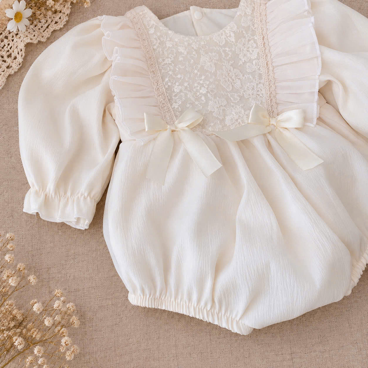 Cream Silk Baby Romper & Ruffle Bonnet Set Newborn–6 Months | Baby Girl Lace Romper | Christening & Special Occasion Outfit